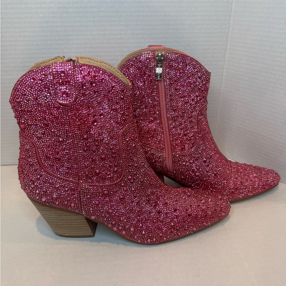 Cozzy Girl Alice Pink Rhinestone Crystal Stacked Heel Western Cowgirl Boots, 9